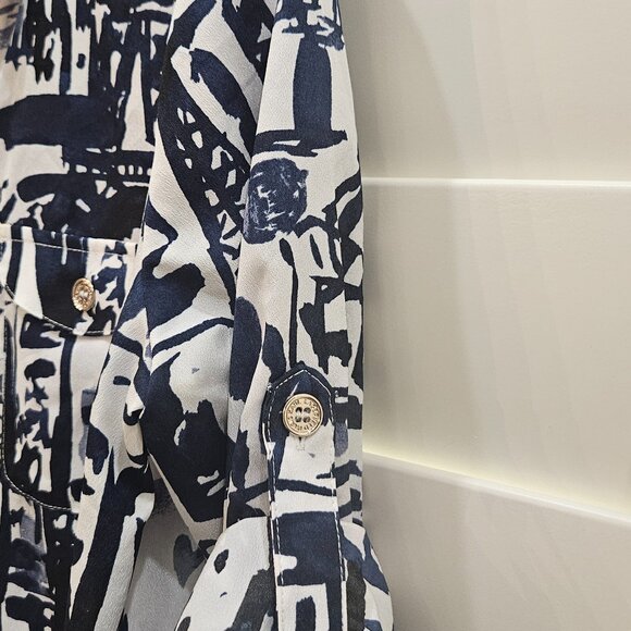 Karl Lagerfeld Paris 3/4 Sleeves Button-Up Blouse Women's S/P Blue & White - Picture 10 of 15